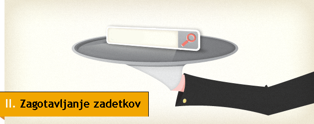 Natakar na pladnju ponuja iskalno polje, napis Zagotavljanje zadetkov