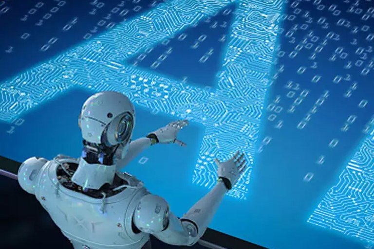 Robot pred velikima črkama AI iz tiskanega vezja in dvojiških števk