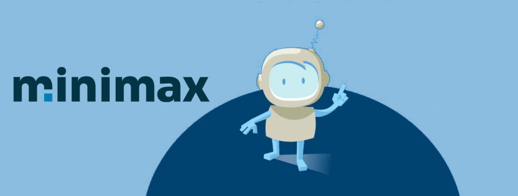 Logotip Minimax z risanim robotom na modri podlagi