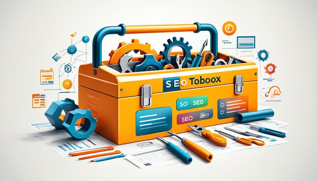 Oranžen zaboj za orodje z zobniki, ključi in nalepkami z napisom SEO