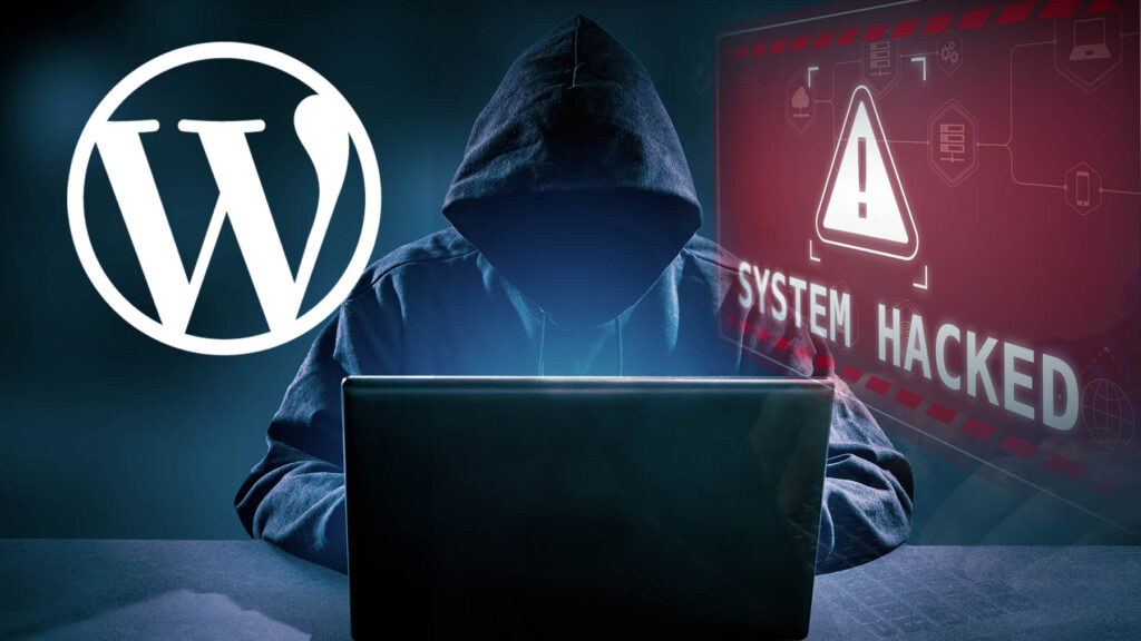 Oseba s kapuco za prenosnikom, logotip WordPressa in rdeče opozorilo o vdoru