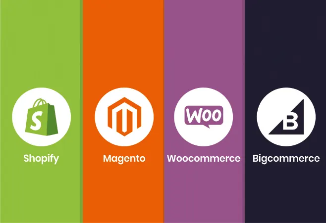 Platforme za spletne trgovine Logotipi platform za spletne trgovine Shopify, Magento, WooCommerce in BigCommerce