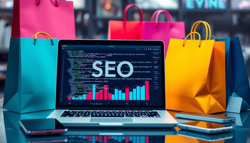 Prenosnik z napisom SEO in stolpčnim grafom med pisanimi nakupovalnimi vrečkami