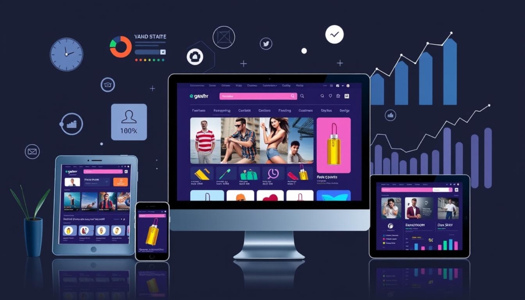 Spletna trgovina z oblačili na računalniku, tablicah in telefonu ob grafih prodaje