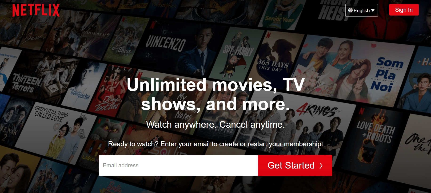 Poziv k dejanju na strani Netflix Vstopna stran Netflixa s poljem za e-pošto in rdečim gumbom Get Started