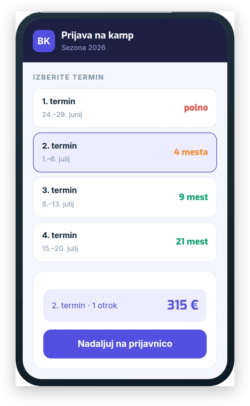 Starš izbere termin in prosto mesto na telefonu