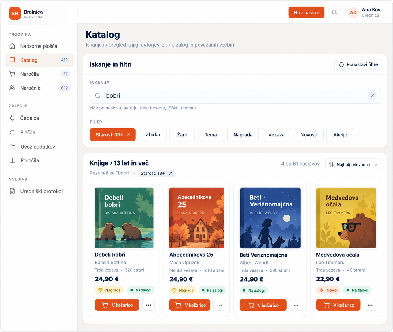Katalog knjig s filtri po starosti, zbirki, žanru in nagradi