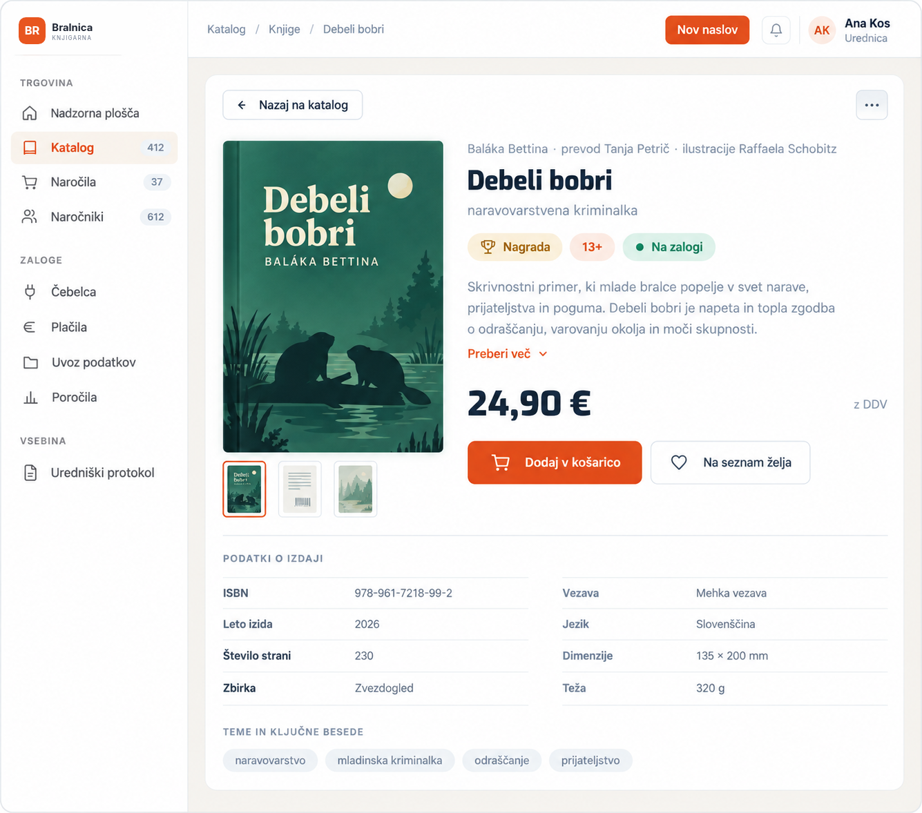 Stran knjige s podatki o izdaji, temami in nakupom