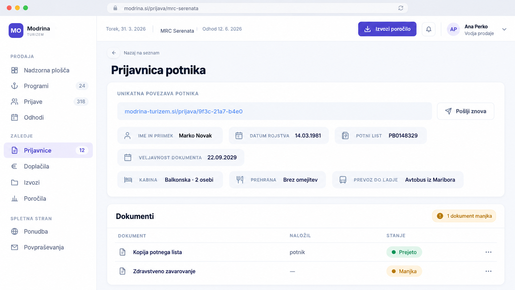 Prijavnica potnika z unikatno povezavo, podatki dokumenta in prilogami