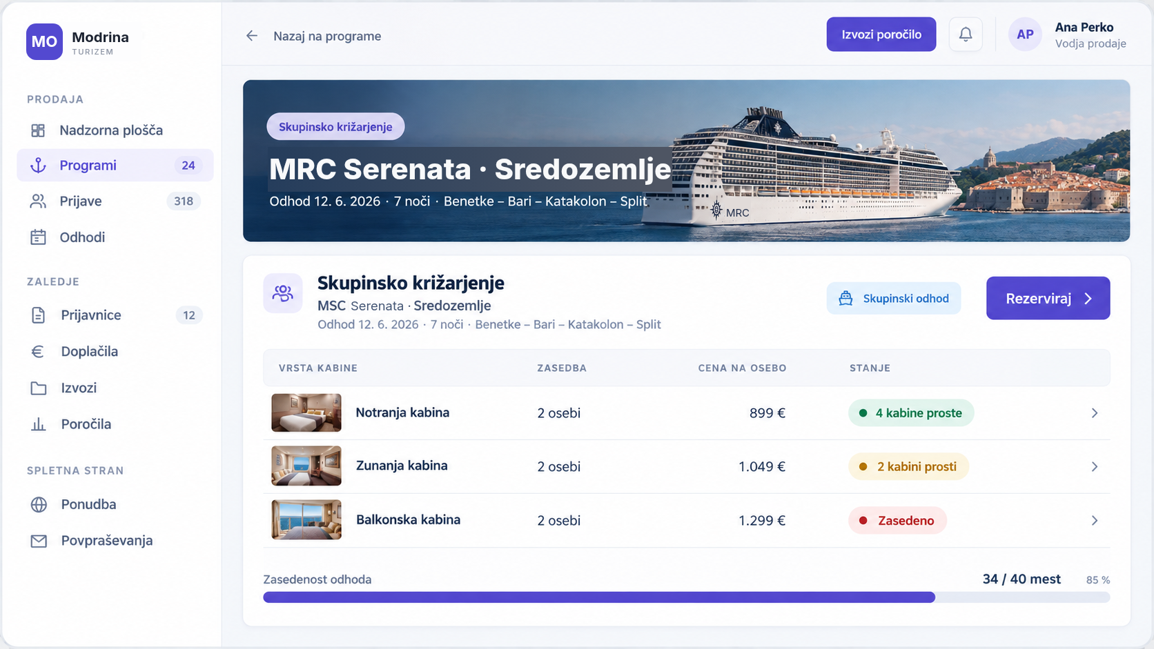 Skupinsko križarjenje z vrstami kabin, cenami in zasedenostjo odhoda