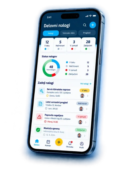 Mobilna aplikacija za delovne naloge, prikazana na telefonu