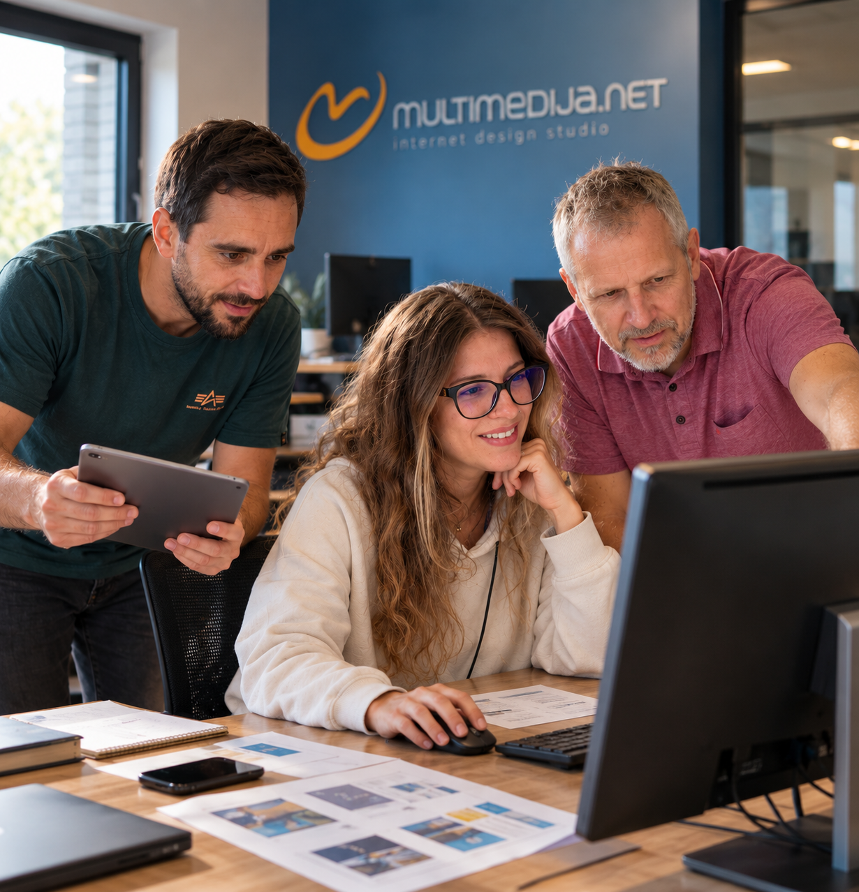 Sodelavci Multimedije skupaj pregledujejo projekt na zaslonu, v ozadju logotip multimedija.net