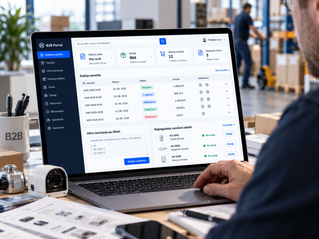 Partner v B2B portalu pregleduje naročila in zalogo na prenosniku