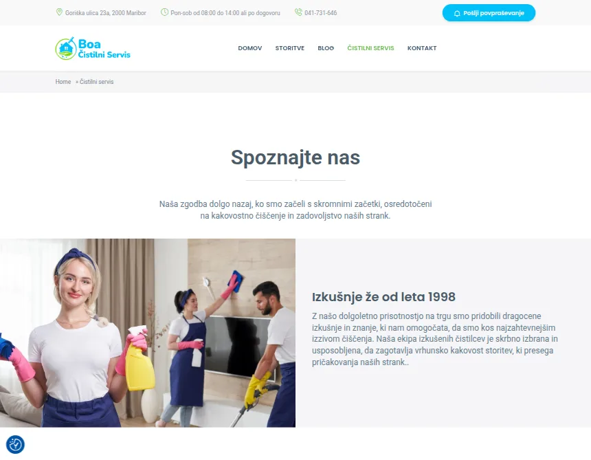 Stran o podjetju in izkušnjah čistilne ekipe