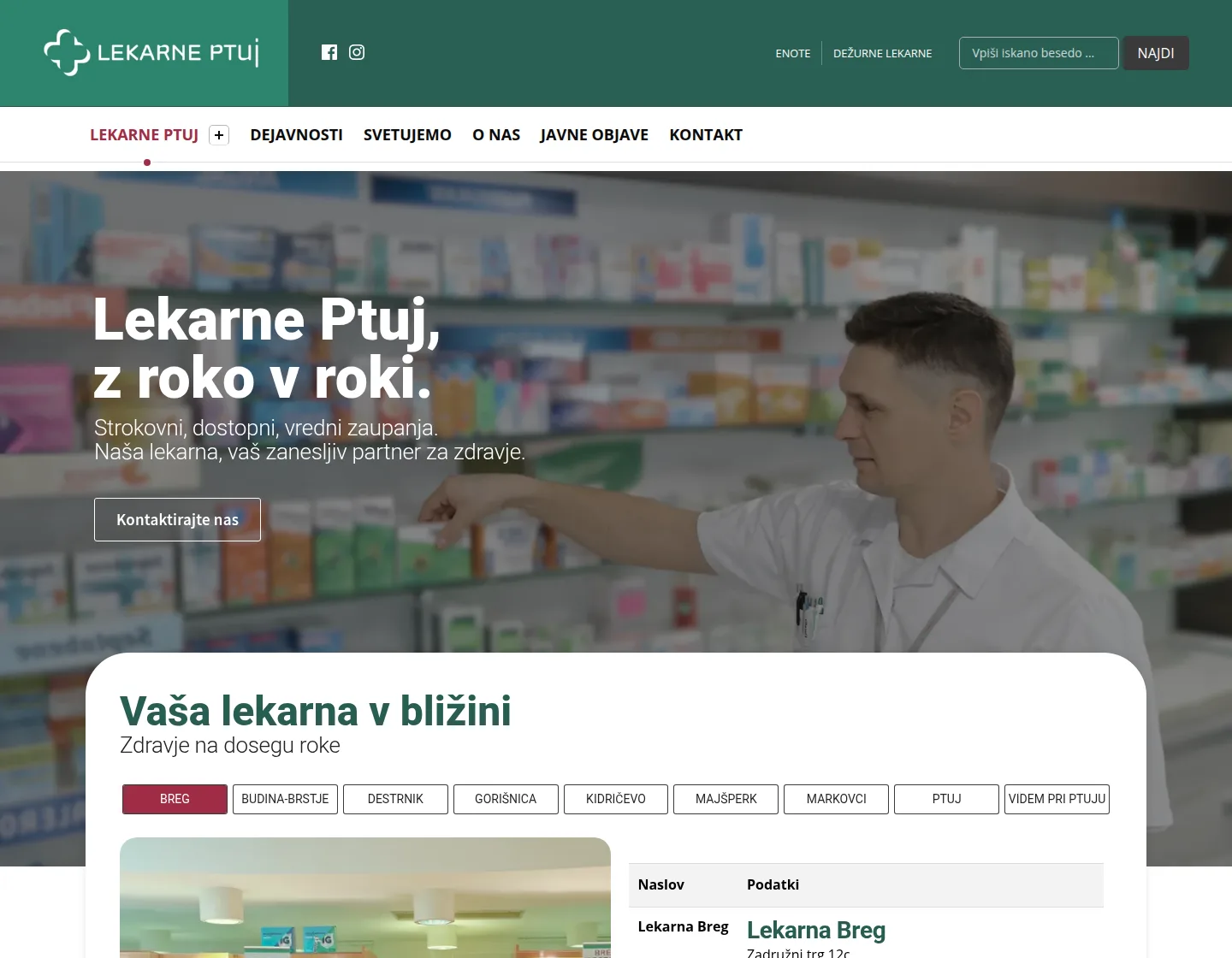 Naslovna stran Lekarne Ptuj z izbirnikom Vaša lekarna v bližini