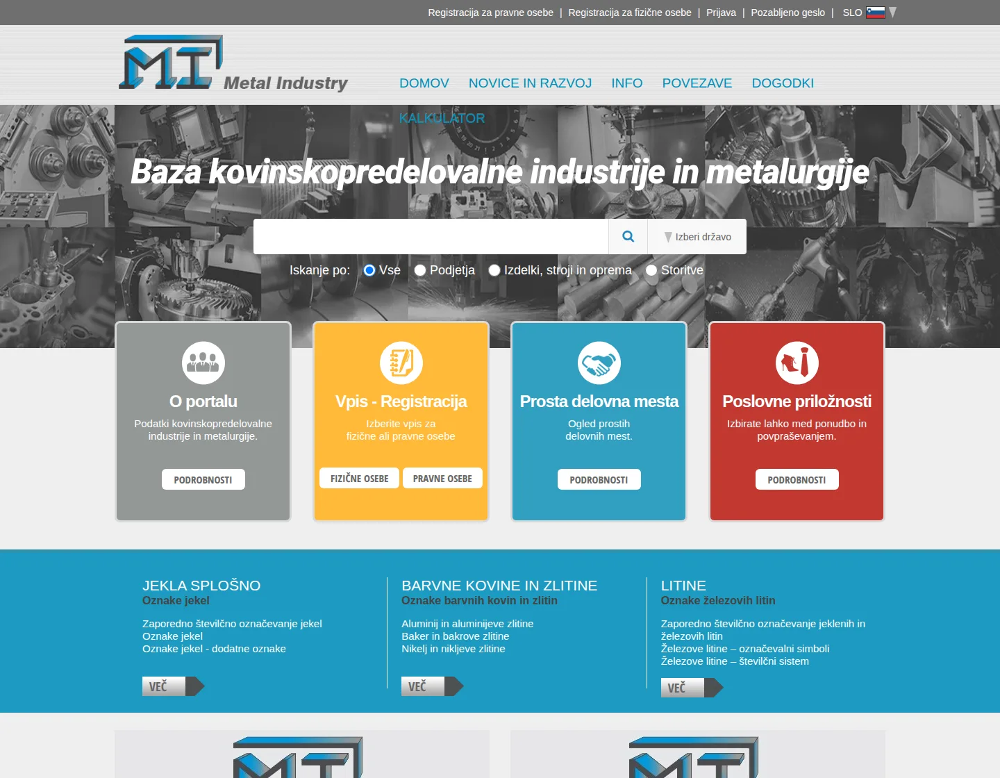 Naslovna stran portala Metal Industry z iskalnikom po podjetjih, izdelkih in storitvah
