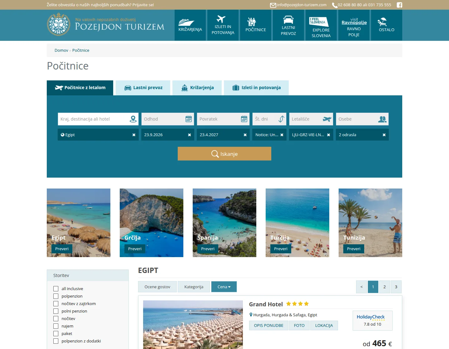 Iskalnik počitnic na portalu Pozejdon turizem s filtri in rezultati