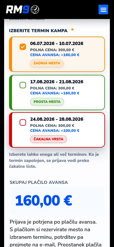 Izbira termina in seštevek avansa na telefonu