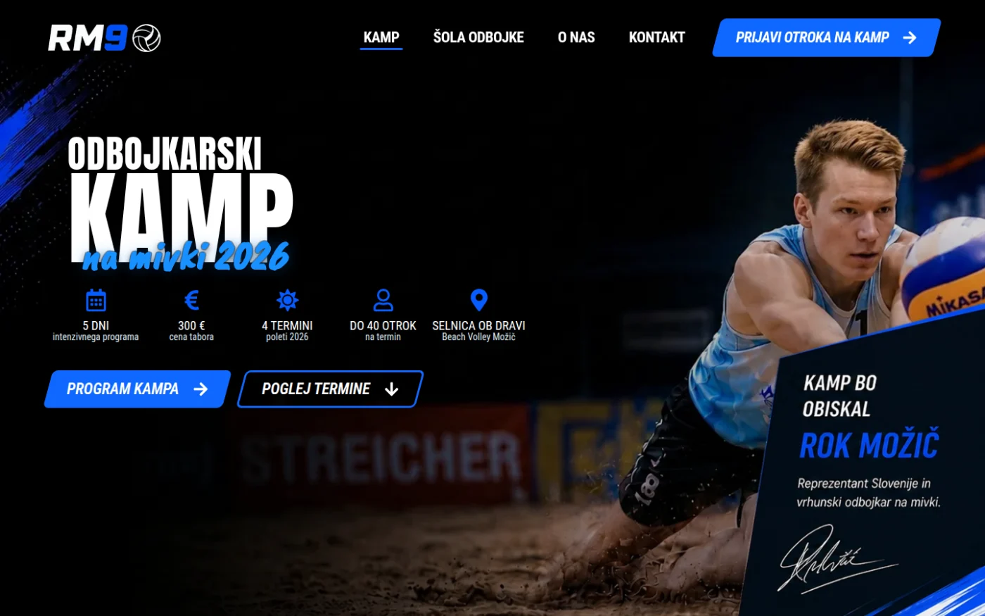 Naslovna stran zlatamedalja.si: odbojkarski kamp na mivki 2026 s ceno, termini in gumbom za prijavo
