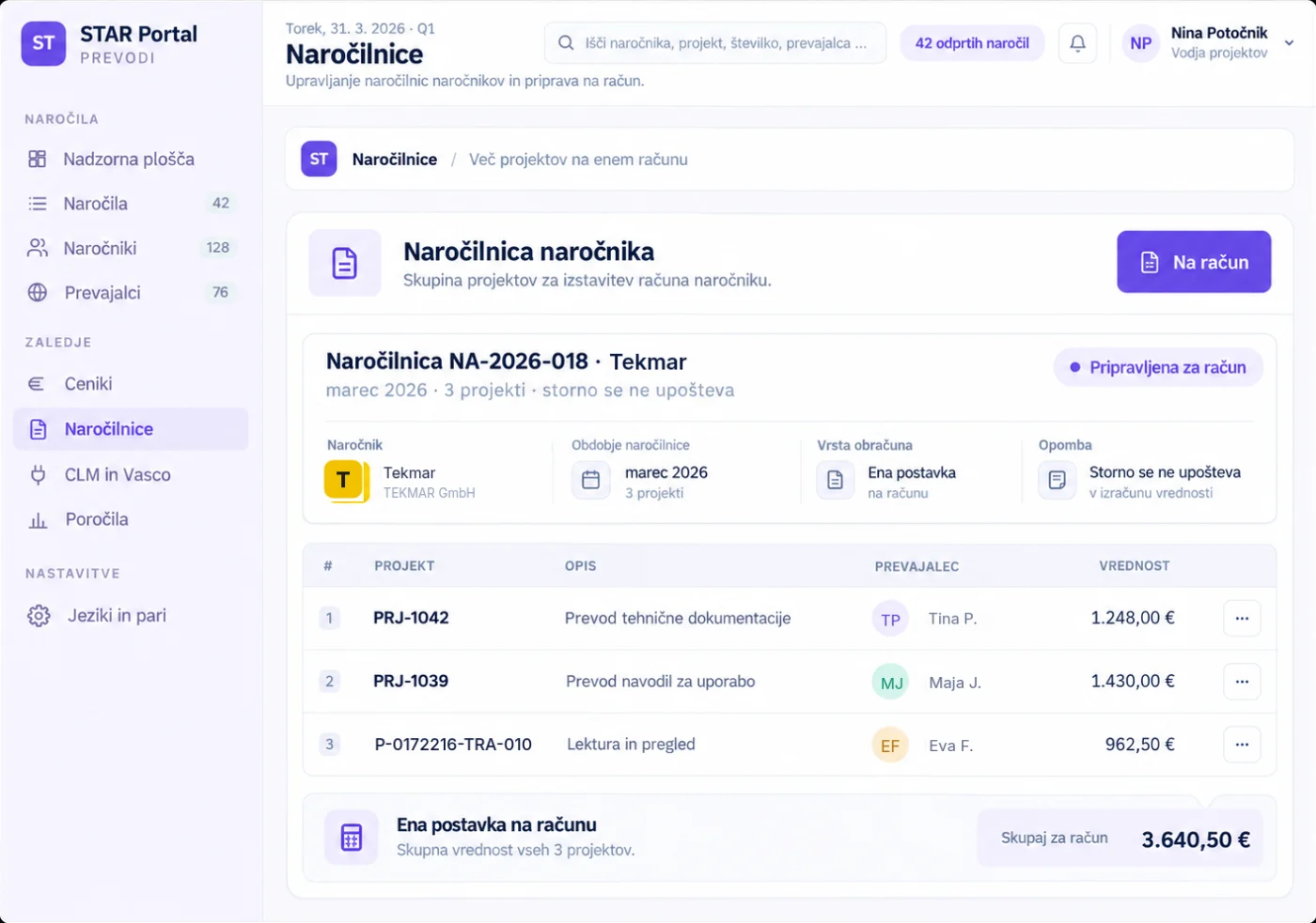 Naročilnica naročnika s tremi projekti in skupno vrednostjo kot eno postavko na računu