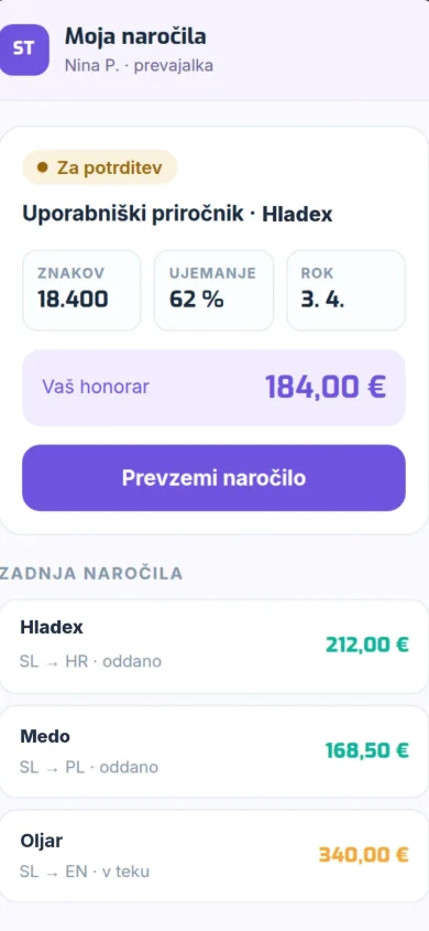 Pogled prevajalke na telefonu: naročilo, rok, honorar in gumb za prevzem