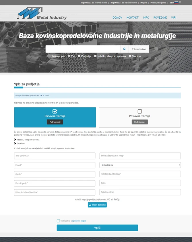 Obrazec za vpis podjetja na portalu Metal Industry z izbiro osnovne ali poslovne verzije